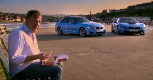 Top Gear's Jeremy Clarkson sitting in front of a BMW M3 and BMW i8