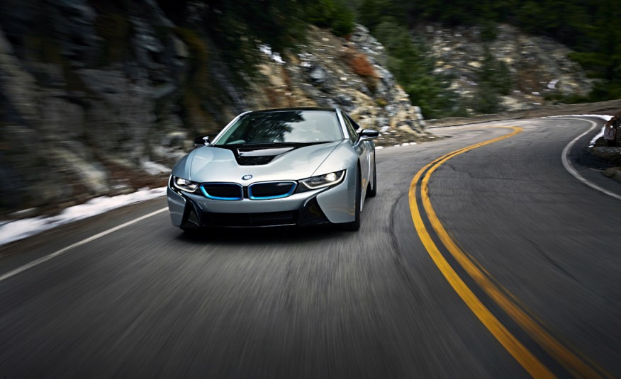 Silver and blue BMW i8 on Angeles Crest Highway in California