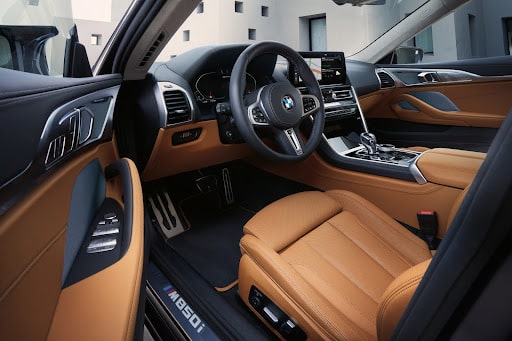 Leather brown interior of a bmw 8 series.
