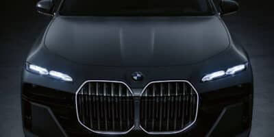 One of the BMW sedan models front profile view.