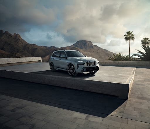 a BMW on display in front of a mountainous backdrop and palm trees.