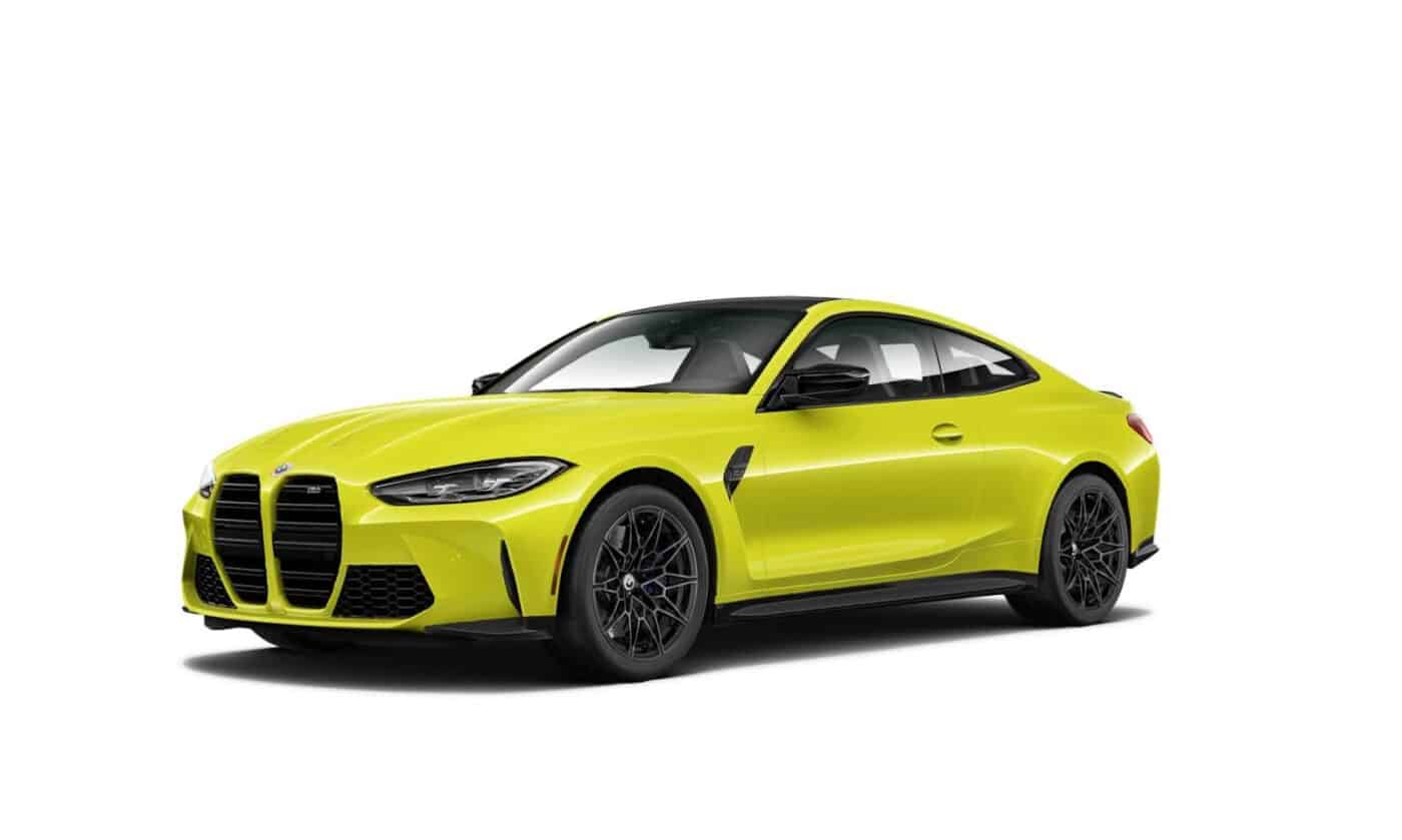 2025 BMW M4 in bright yellow on a white background